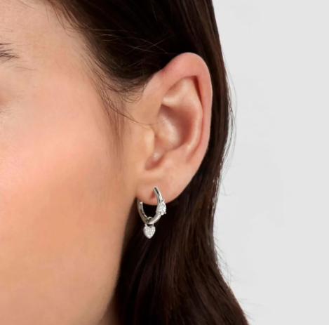 Lucentissima: Pave CZ Heart Sterling Silver Hoop Earrings