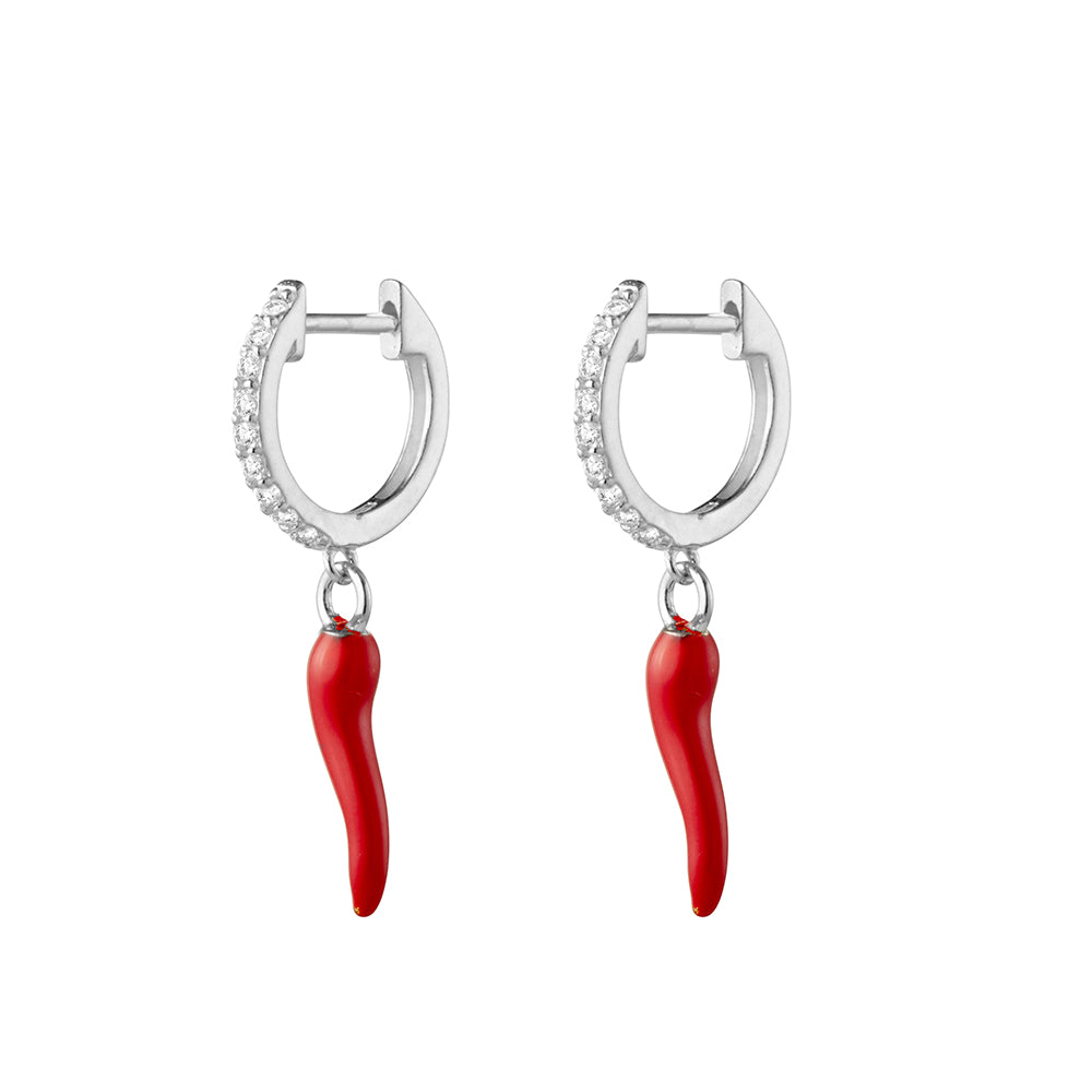 CZ Huggie with Red Chilli Cornicello Horn Drop Huggie Earrings