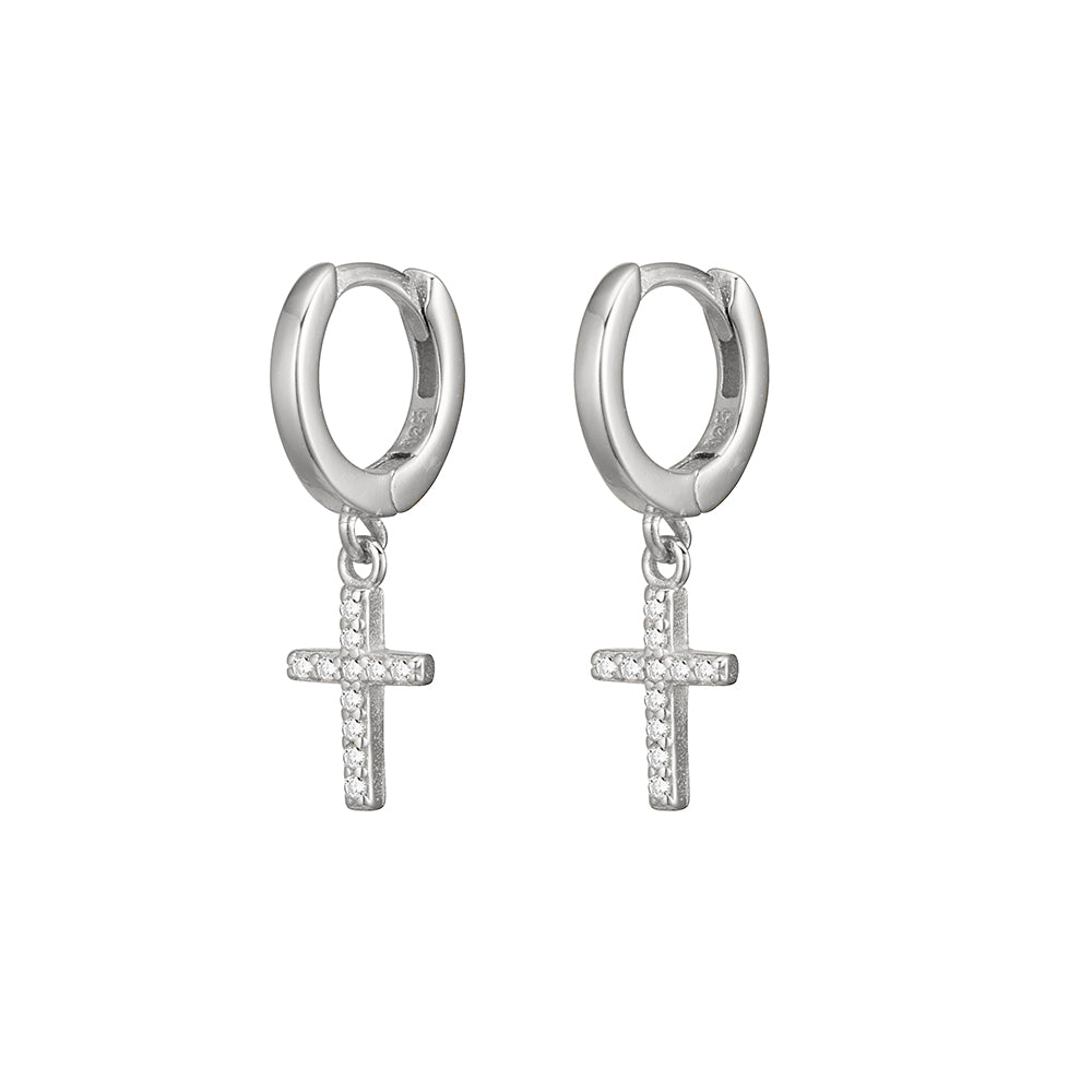 SS Huggie Earrings with Drop CZ Cross - 2 colours