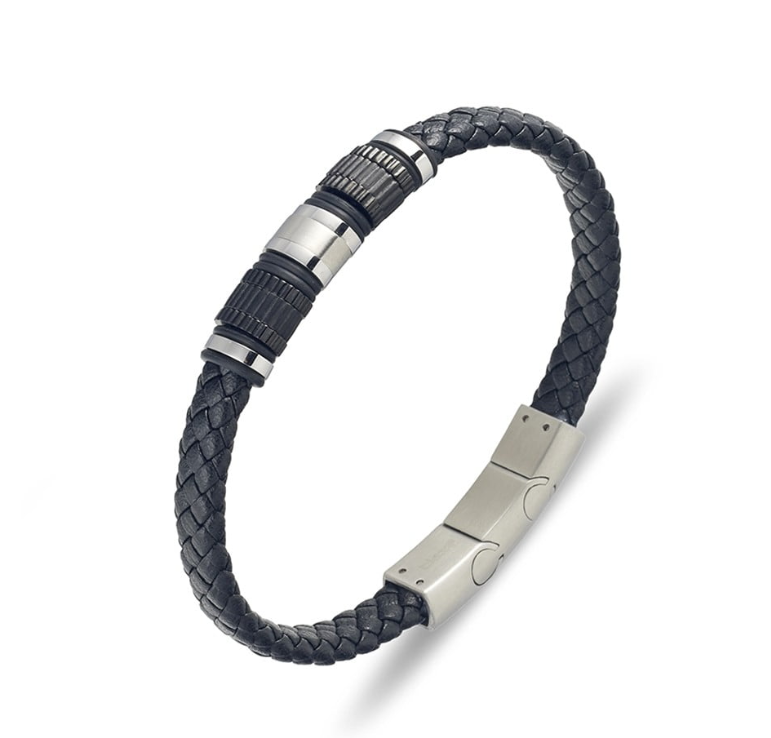 Bracelet - Blaze Stainless Steel Men’s Black Leather with Detailing Bangle - 2 Colours
