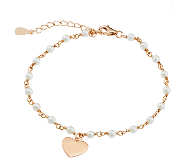 Pearls and Flat Engravable Heart Charm Bracelet