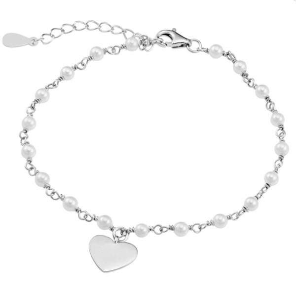 Pearls and Flat Engravable Heart Charm Bracelet