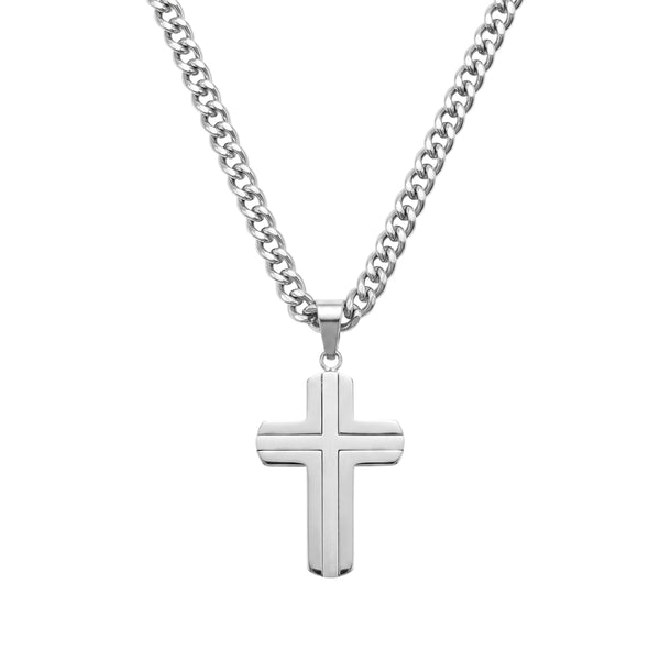 Blaze S/Steel Round Edge Cross Pendant with Curb Chain - 2 Colours