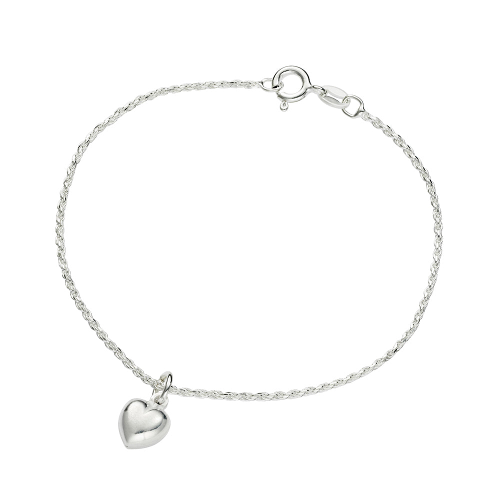Small Puff Heart Charm on Rope Chain Silver Bracelet