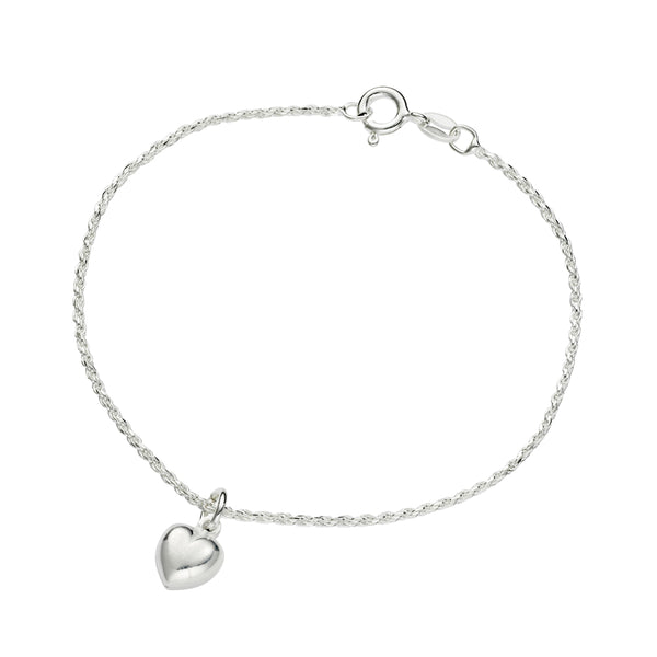 Small Puff Heart Charm on Rope Chain Silver Bracelet