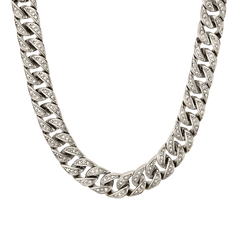Men Necklace- Stainless Steel Cuban Link CZs Set Chain - 2 colours