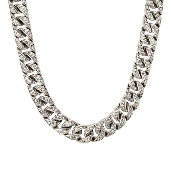 Men Necklace- Stainless Steel Cuban Link CZs Set Chain - 2 colours