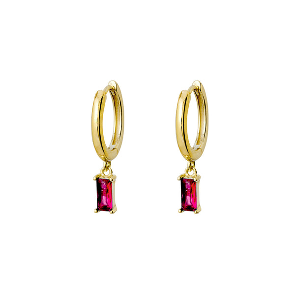 Ruby Pink CZ Baguette Drop Hoops