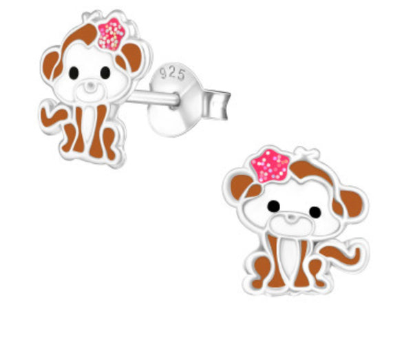 Kids Silver Monkey with Pink Flower Stud Earring