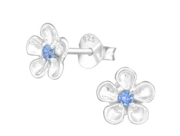 Kids Flower with Blue CZ Silver Stud Earrings