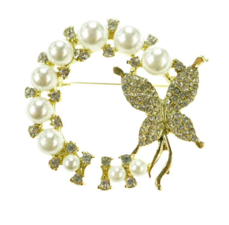 Brooch - Circle Pearl Butterfly
