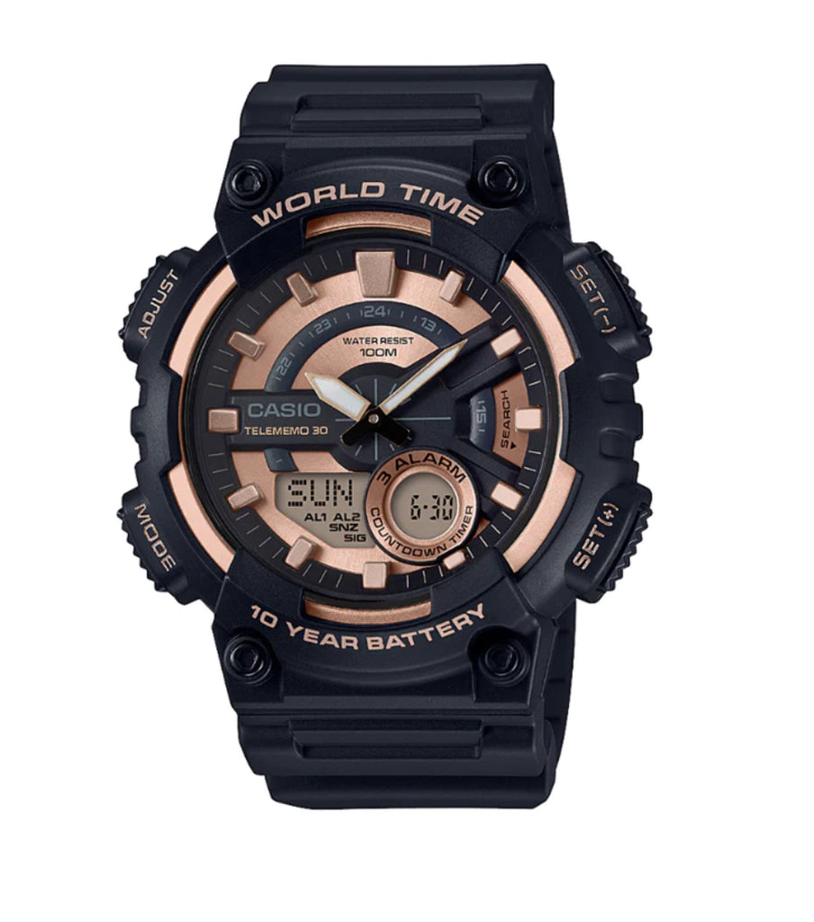 Casio Gents Black Face/ Gold ACC, Black Resin Band