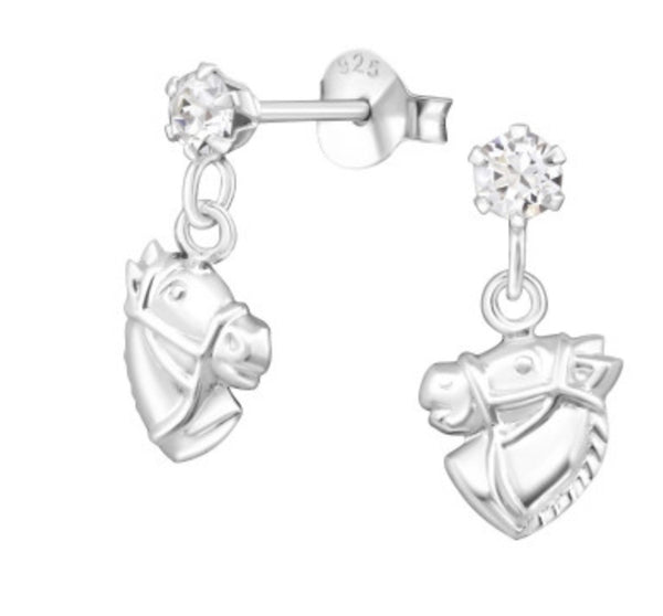 Kids Horse Face with CZ Silver Drop Earrings