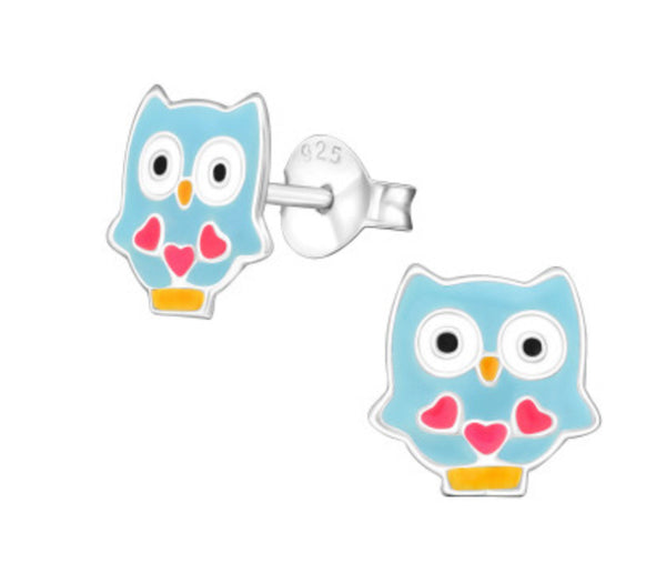 Kids Blue Owl Silver Stud Earrings