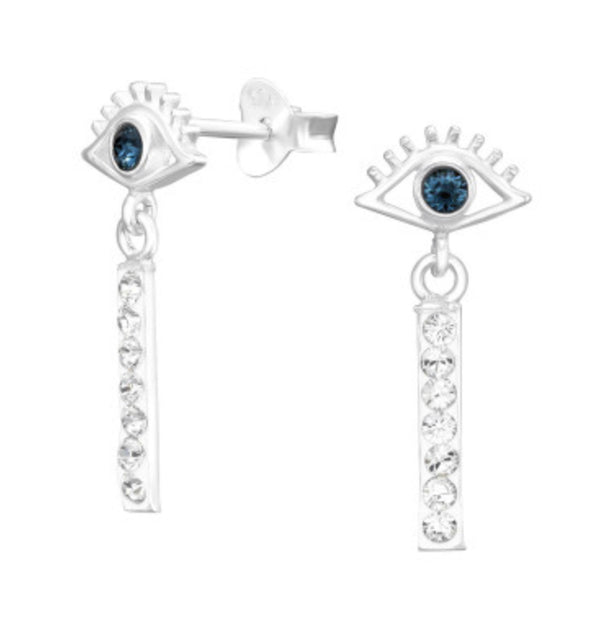 Kids Eye Evil with Hanging Bar Silver Stud Earrings