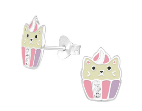 Kids Cat with Crystal Silver Stud Earrings
