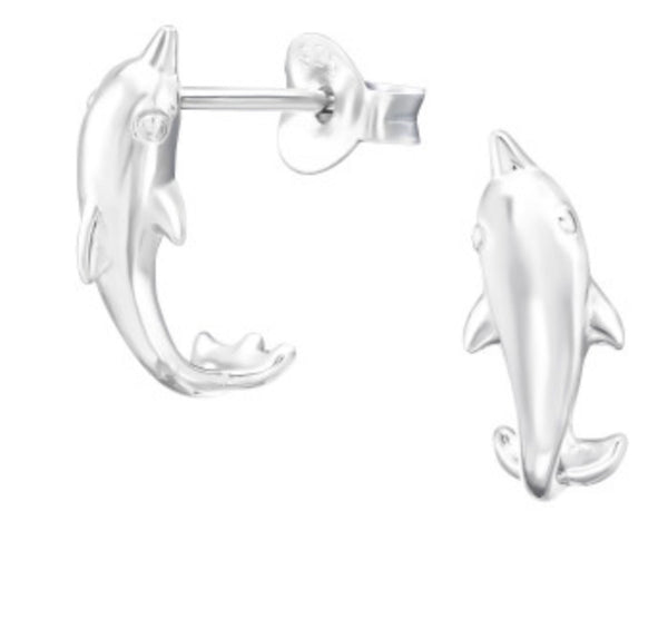 Kids Dolphin Silver Half Hoop Stud Earrings