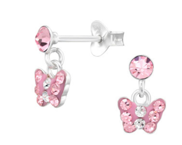 Kids Pink Butterfly Silver Dangle Earrings