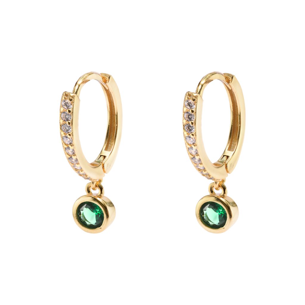 Earring - Green CZ Drop on CZ pave Huggie