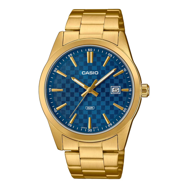 Casio Gents Analog Blue Checker Face/Gold Stainless Steel Band Watch