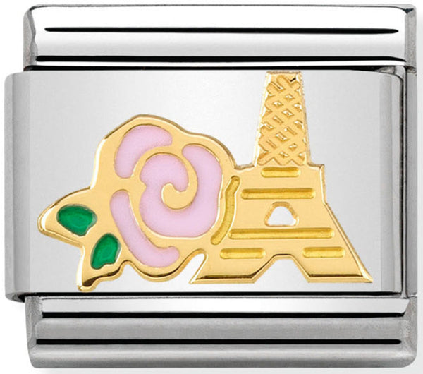 Travel - Pink Rose and Eiffel Tower Gold Charm