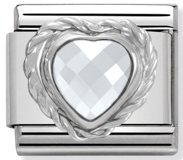 Love - White CZ Faceted Twist Heart Silver Charm
