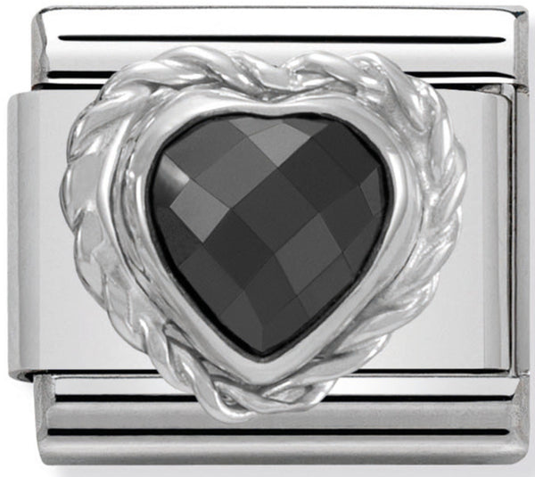 Love - Black CZ Fcaeted Twist Heart Silver Charm