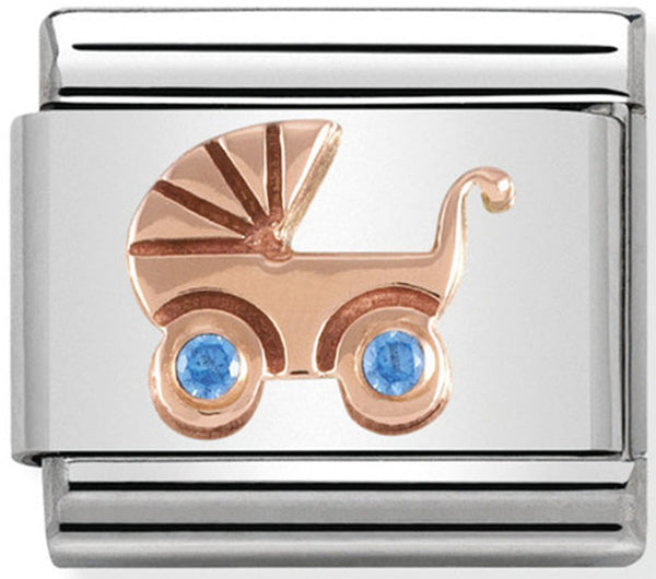Baby - Blue Pram Rosegold Charm