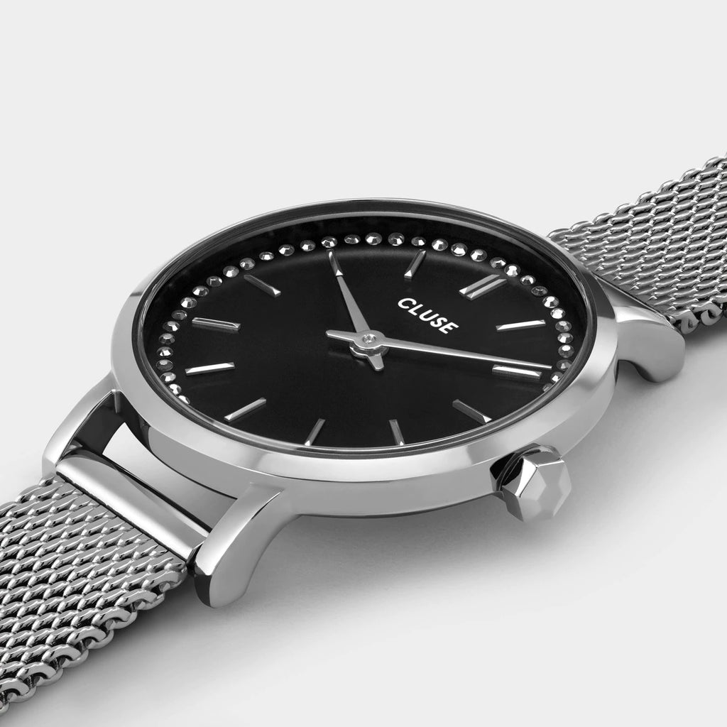 Boho Chic Petite Black Crystals/Silver Mesh Watch