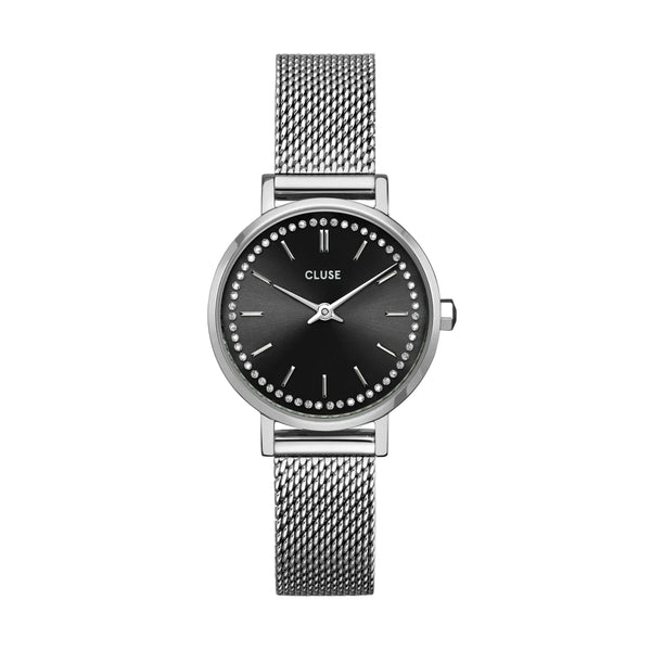 Boho Chic Petite: Black/Silver with Crystal Mesh Watch