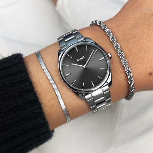 Féroce Petite: Dark Grey Silver Link Watch