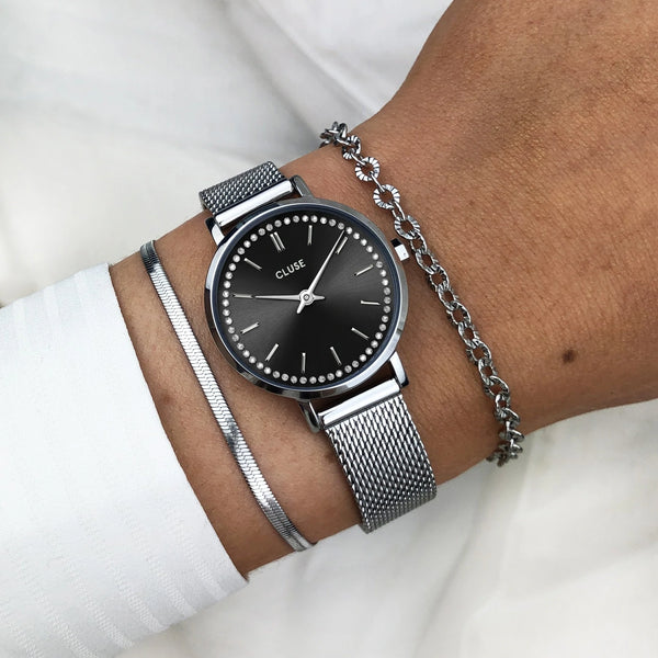 Boho Chic Petite: Black/Silver with Crystal Mesh Watch
