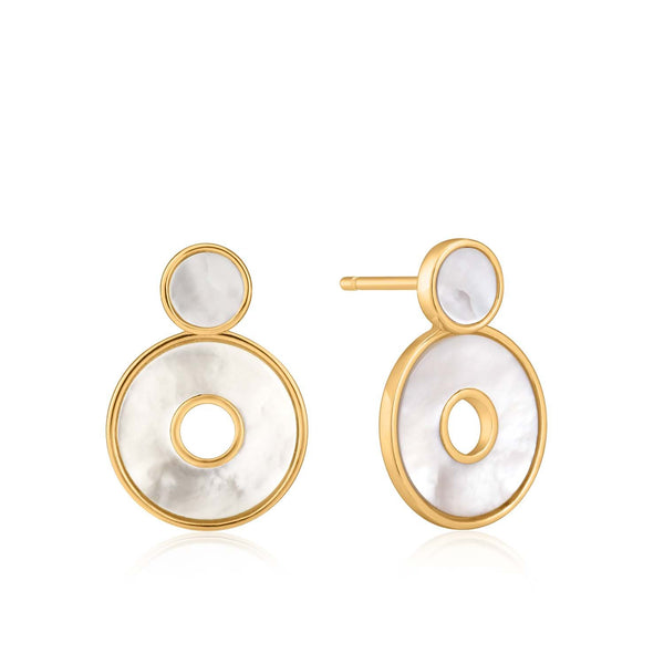 Hidden Gem - Mother of Pearls Disc Ear Jackets Gold Stud Earrings