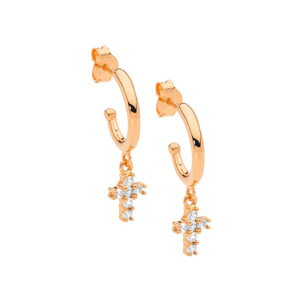 Rosegold Hoop Earrings with Cross Charm