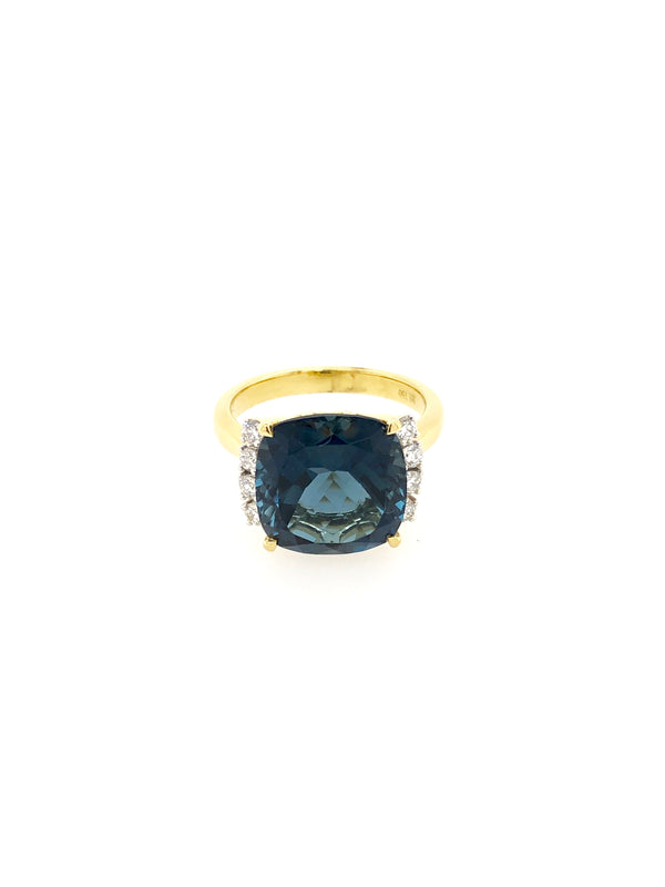 London Blue Topaz Cushion Cut Yellow Gold Ring