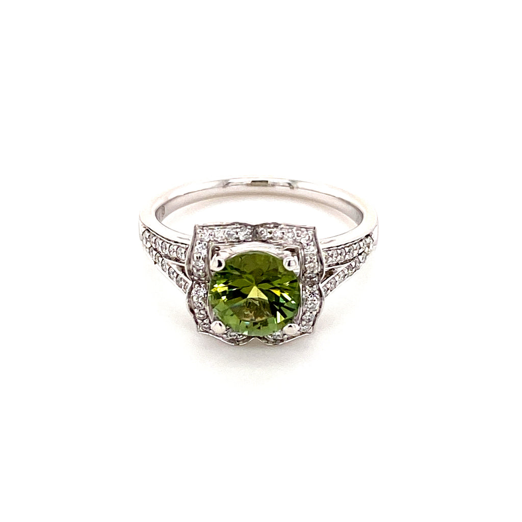 Green Tourmaline Diamond Halo Vintage White Gold Ring