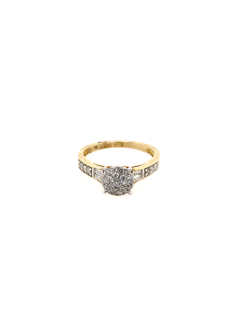 Round Cluster with Baguettes Yellow Gold Ring
