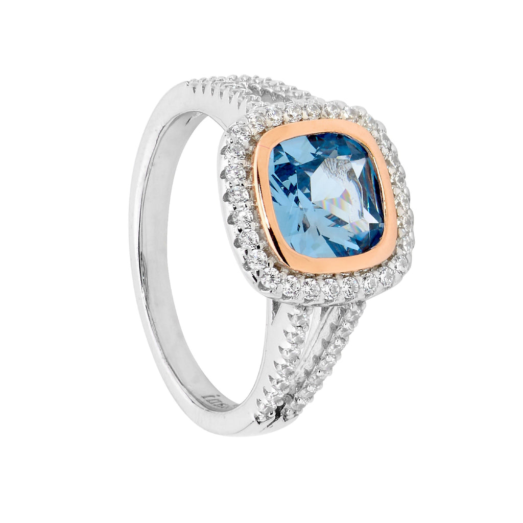 Blue Ring with Rosegold and CZ Halo