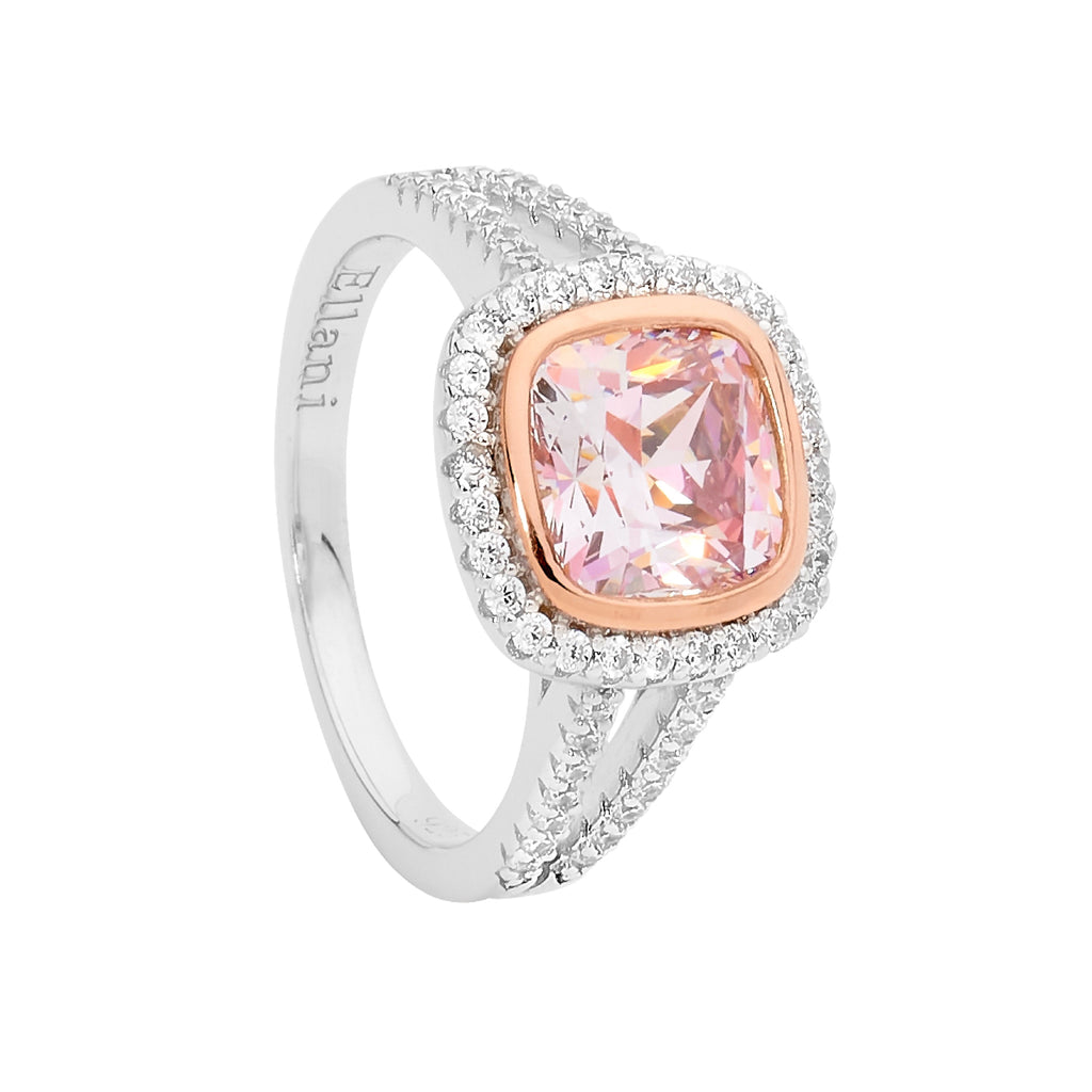 Morganite with a CZ Halo and Split Band Ring in Silver