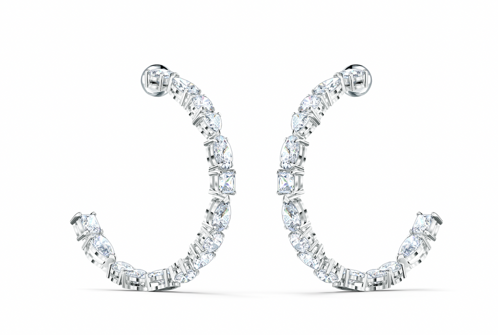 Tennis Deluxe hoop earrings Precision cut crystals, White, Rhodium plated