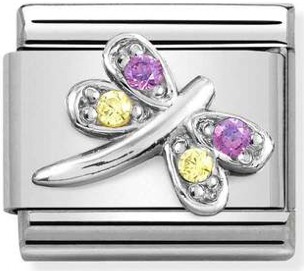 Animals - Lilac & Yellow Dragonfly CZ Silver Charm