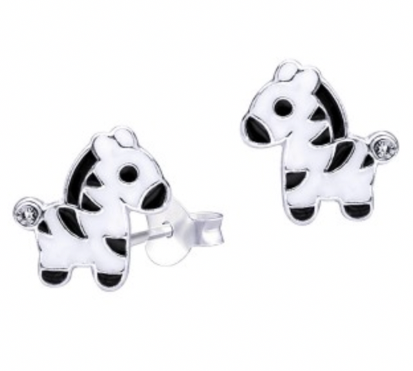 Black/White Enamel Zebra with CZ Silver Stud Earrings