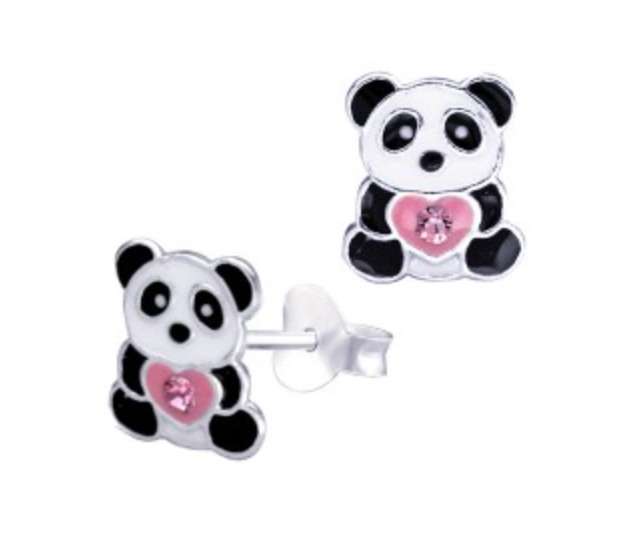 Kids S/S Black/White Enamel Panda with Pink Heart + Crystal Studs