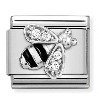 Animal - Bee Black Enamel & CZ Silver Charm