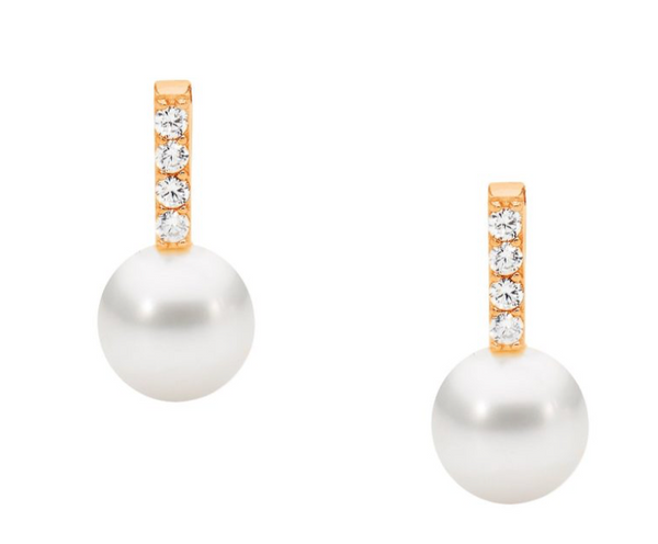 Rosegold CZ Bar Drop Pearls Stud Earrings