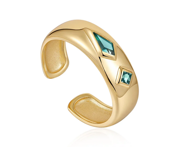 Teal Sparkle Emblem Thick Gold Band Ring