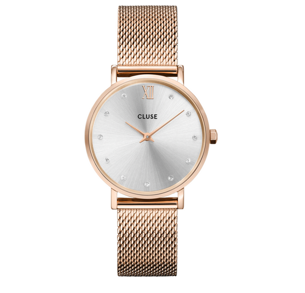 Minuit: Silver/Rosegold with Crystals Mesh Watch