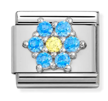 Nature - Light Blue & Yellow CZ Flower Silver Charm