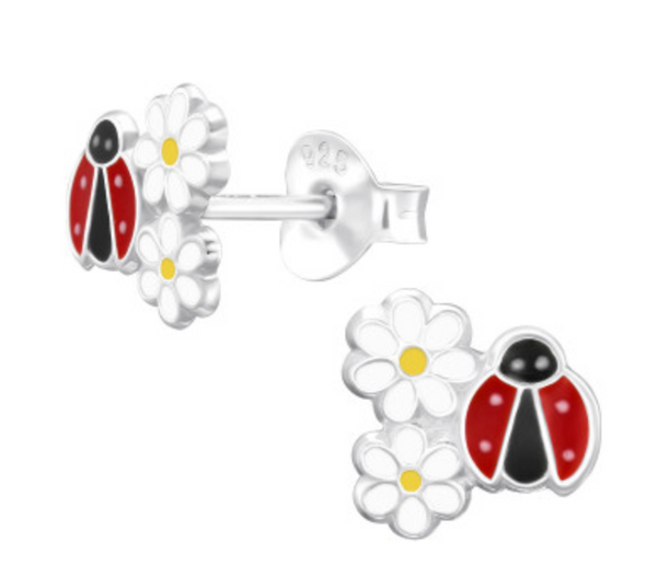 Kids LadyBug & Flower Silver Stud Earring
