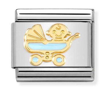 Gold Light Blue Baby Carriage Charm
